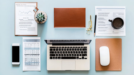 A minimalist finance-themed flat lay with a calculator, business documents, and an open laptop.の素材