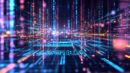 A neon-lit digital world with interconnected programming scripts and algorithms.の素材