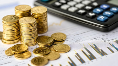 A minimalist desk setup featuring a calculator, financial report, and gold coins on a clean white background, representing financial planning.の素材