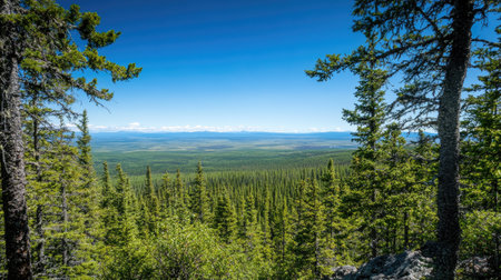 A picturesque view of an evergreen forest on a bright, clear day, with a vast expanse of trees stretching into the distance.の素材