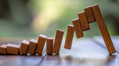 A series of dominoes falling, with the final piece standing tall, symbolizing resilience.の素材