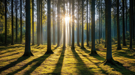 A picturesque woodland with sunlight breaking through the trees, casting patterns of light and shadow across the ground.の素材