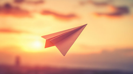 A paper airplane soaring into the sky against a sunset, symbolizing ambition and growth.の素材