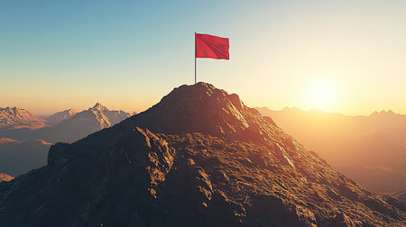 A mountain summit with a red flag planted at the peak, symbolizing overcoming challenges.の素材