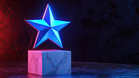 A shining blue star trophy standing on a marble pedestal, symbolizing awards and excellence.の素材