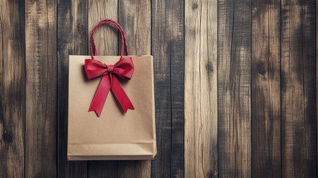 A shopping bag with a red ribbon placed on a wooden surface, symbolizing special sales promotions.の素材