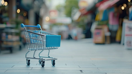 A shopping cart placed in front of a blurred retail store background, symbolizing consumer sales and marketing.の素材