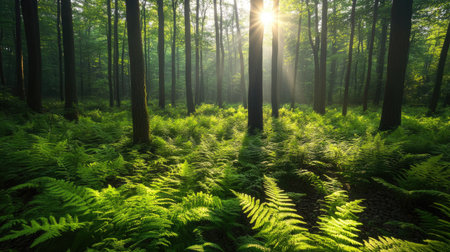 A quiet woodland with deep green ferns growing along the forest floor and sunlight filtering through the branches.の素材