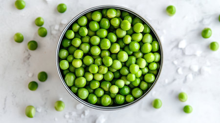 An overhead shot of an open can of peas with scattered peas on a white surface, perfect for food-related content.の素材