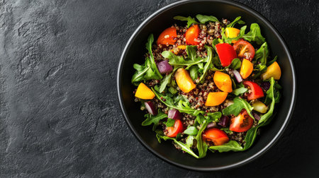 A bowl of processed plant-based quinoa salad with vegetables, served with space for customization.の素材