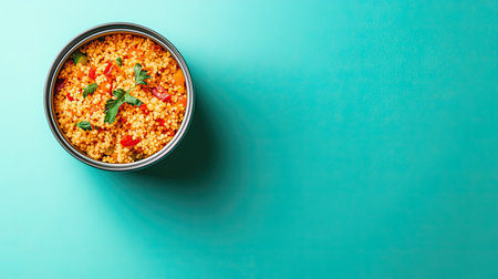 A can of processed Moroccan couscous with vegetables, placed on a clean background, ready for product labels.の素材