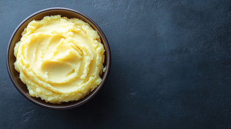 A bowl of processed plant-based mashed potatoes, with clean space for branding or product labels.の素材