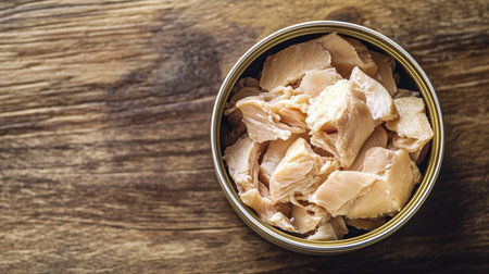 A can of processed crab meat resting on a wooden table, next to an empty bowl, perfect for adding product descriptions.の素材