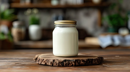 A clean kitchen counter with a jar of processed coconut yogurt, ready for label placement and product details.の素材