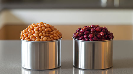 A can of beans and a can of chili sitting side by side on a clean kitchen counter, waiting to be used in a meal.の素材