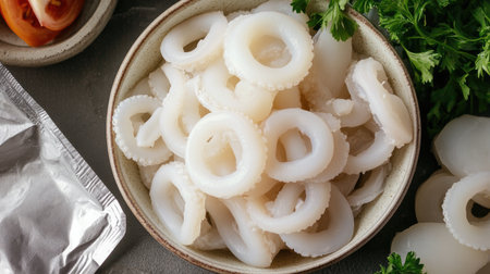 A close-up of processed squid rings in a bowl, next to an empty packet, perfect for showcasing the product.の素材