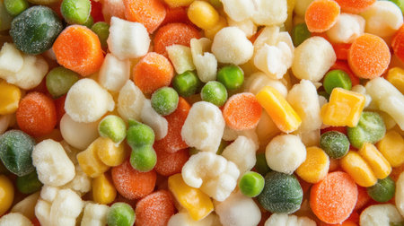 A clean shot of processed plant-based frozen vegetable mix, with plenty of room for customization.の素材