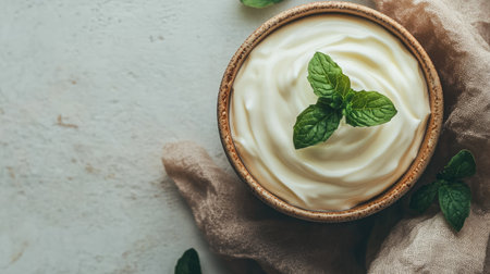 A close-up of plant-based processed yogurt in a bowl, ready to serve, with ample space for text or labels.の素材