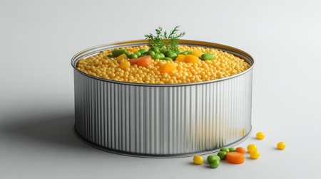 A can of processed Moroccan couscous with vegetables, placed on a clean background, ready for product labels.の素材