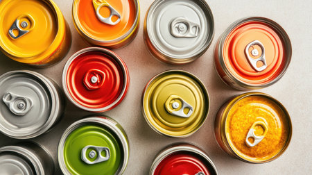 A close-up shot of several cans of fruit and vegetable blends arranged on a light-colored background.の素材