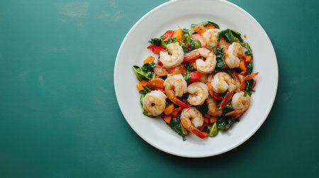 A clean white plate with a serving of processed seafood mixed with fresh vegetables, ready for a product advertisement.の素材