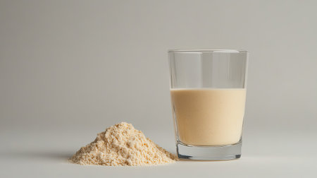 A pack of organic processed plant-based protein powder, placed next to a clear glass filled with water, perfect for product branding.の素材