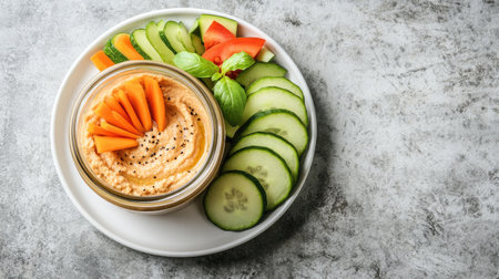 A jar of natural, processed hummus with fresh veggie slices placed on a white plate, surrounded by ample space for branding.の素材