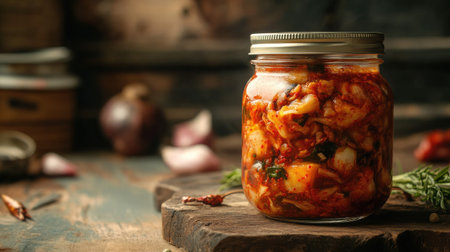 A close-up shot of a jar of Korean kimchi, placed on a wooden table with clean space around it for text.の素材