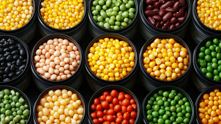 A collection of canned beans, corn, and peas arranged neatly on a kitchen table, with space for text or labels in the center.の素材