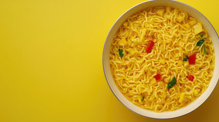 A close-up of a ready-to-serve can of Japanese ramen noodles, with a vibrant broth and garnished with vegetables, on a clean background with space for text.の素材