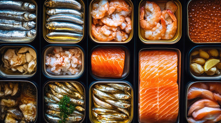 A neat arrangement of various canned seafood products, including sardines and salmon, lined up with space for labels.の素材