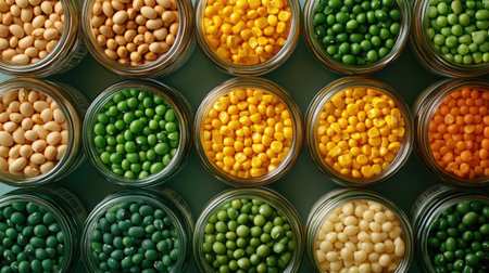 A collection of canned beans, corn, and peas arranged neatly on a kitchen table, with space for text or labels in the center.の素材
