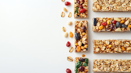 A package of processed plant-based granola bars, arranged neatly on a white background with ample space for text.の素材