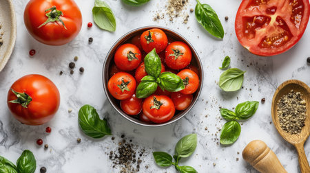 A flat-lay shot of a can of tomatoes surrounded by basil leaves and other ingredients, with room for recipe details.の素材