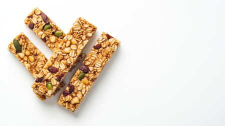 A package of processed plant-based granola bars, arranged neatly on a white background with ample space for text.の素材