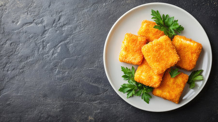 A pack of processed fish sticks placed on a clean plate with some parsley garnish, leaving space for text or product info.の素材