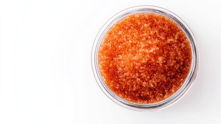 A top-down shot of processed fish roe in a clear jar, surrounded by empty space for branding or product description.の素材
