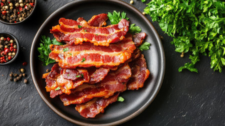 A pack of processed plant-based bacon, neatly arranged on a plate with room for product labels.の素材