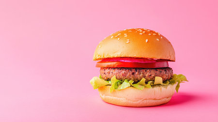 A processed plant-based burger in a bun, neatly arranged with space for product details.の素材