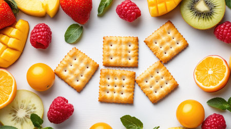 A pack of low-fat processed crackers surrounded by fresh fruit, with ample clean space for labels or product descriptions.の素材