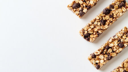 A package of processed plant-based granola bars, arranged neatly on a white background with ample space for text.の素材