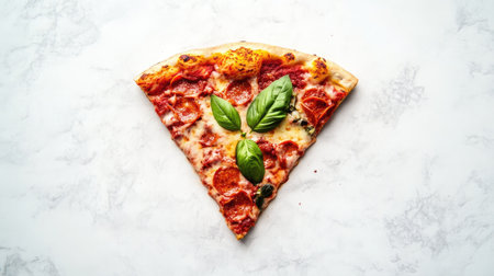 A neat, processed plant-based pizza slice with vegan cheese and vegetables, with ample space for branding.の素材