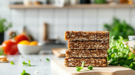 A pack of processed, low-calorie snack bars stacked on a clean countertop, surrounded by fresh ingredients and space for text.の素材