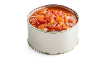 A fresh, processed can of French ratatouille on a white background, perfect for text space or branding.の素材