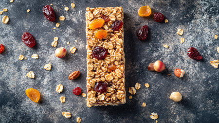 A top-down shot of a healthy, processed granola bar surrounded by clean ingredients like dried fruits and nuts, leaving space for text.の素材