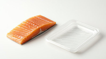 A pack of processed fish fillets ready to be grilled, placed next to an empty packaging with space for customization.の素材