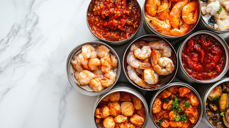 A top view of several cans of processed seafood stacked on a countertop with clean space for branding or messages.の素材