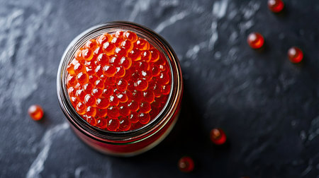 A top-down shot of processed fish roe in a clear jar, surrounded by empty space for branding or product description.の素材