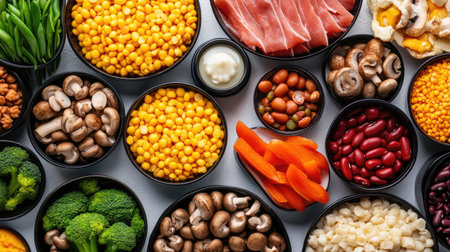 A top-down view of an assortment of canned foods, such as beans, mushrooms, and vegetables, on a white surface.の素材