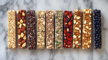 A top-down shot of healthy processed energy bars, arranged on a clean surface with space for branding or product details.の素材